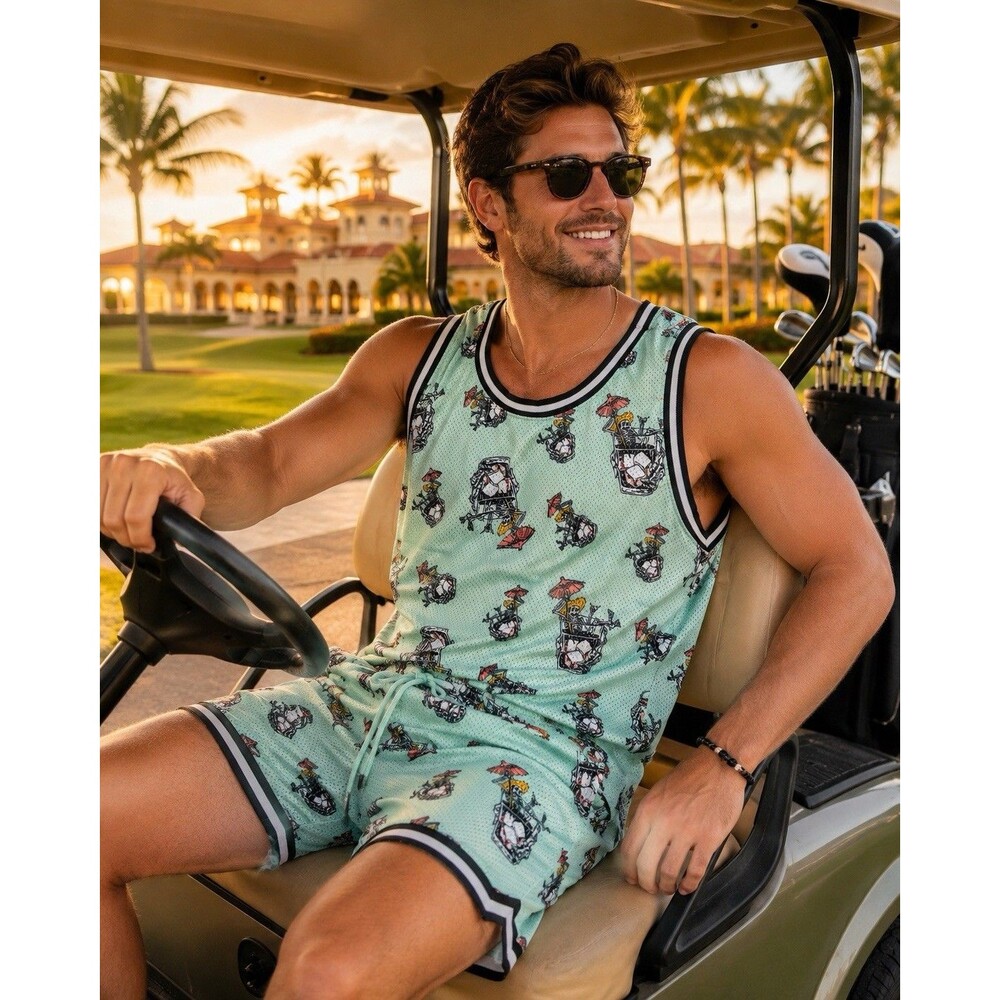 RF Brand Mesh Tank & Shorts Set 2XL Mint Tropical Tiki Skeleton Cocktail Print